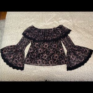 WHITE HOUSE BLACK MARKET Black with Pink Floral Lace Overlay Shoulder Shirt